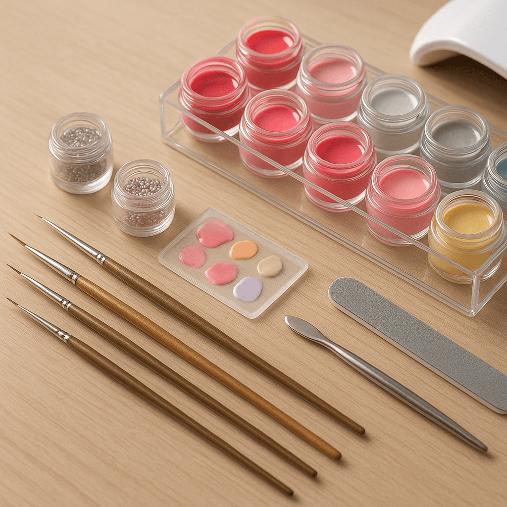 Nail Art Arbeitsplatz mit Pinseln und Farbtöpfchen